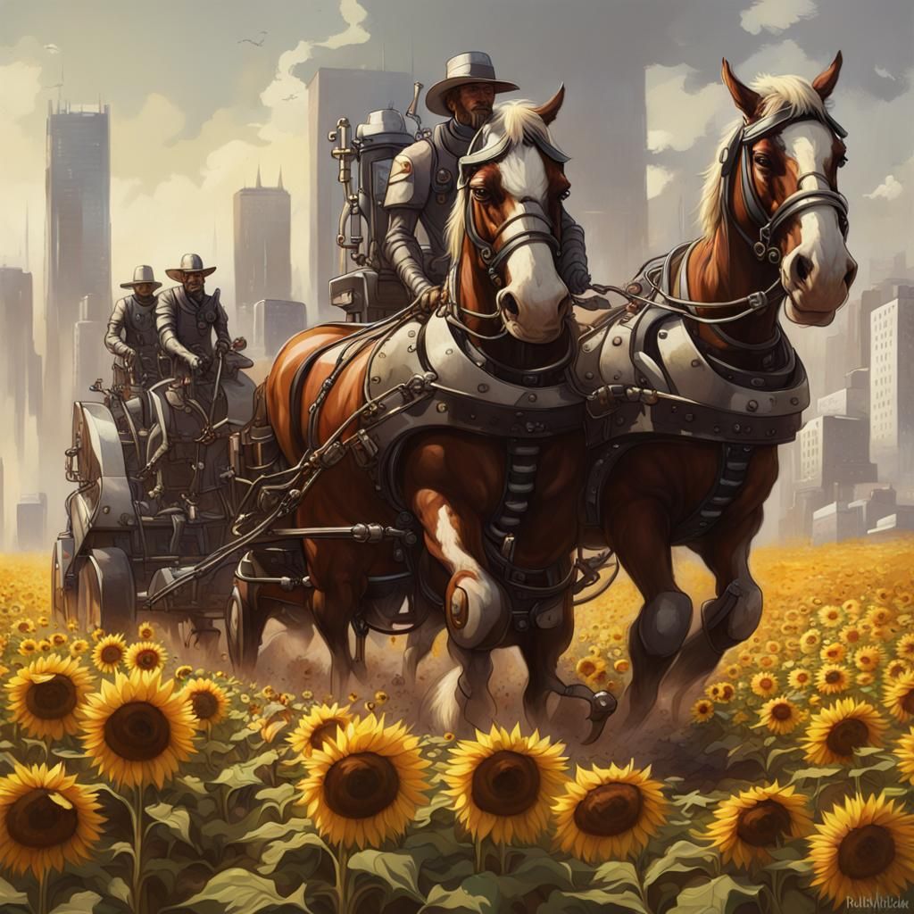 Robotic Horses Plowing a Post-Apocalyptic Sunflower Field