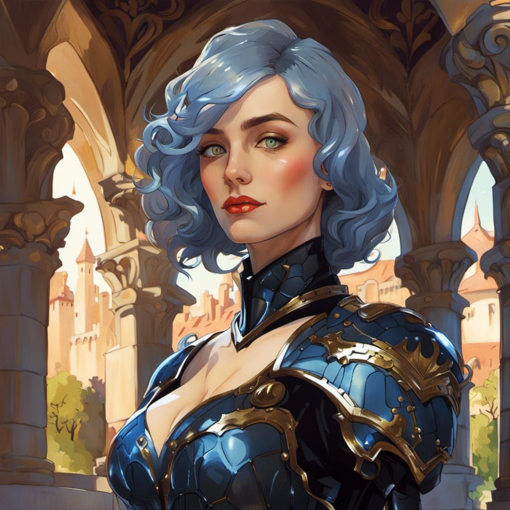 Woman in Dark Knight Armor in Castle Garden