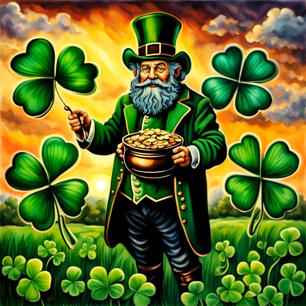 Leprechaun with Gold in Clover Field Watercolor