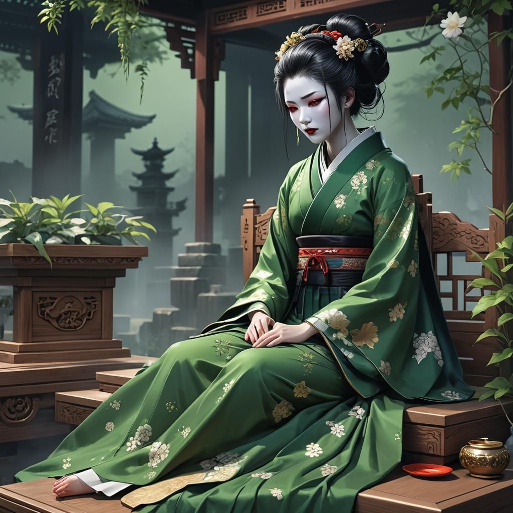 Crying Green Geisha on Coffin in Anime Style