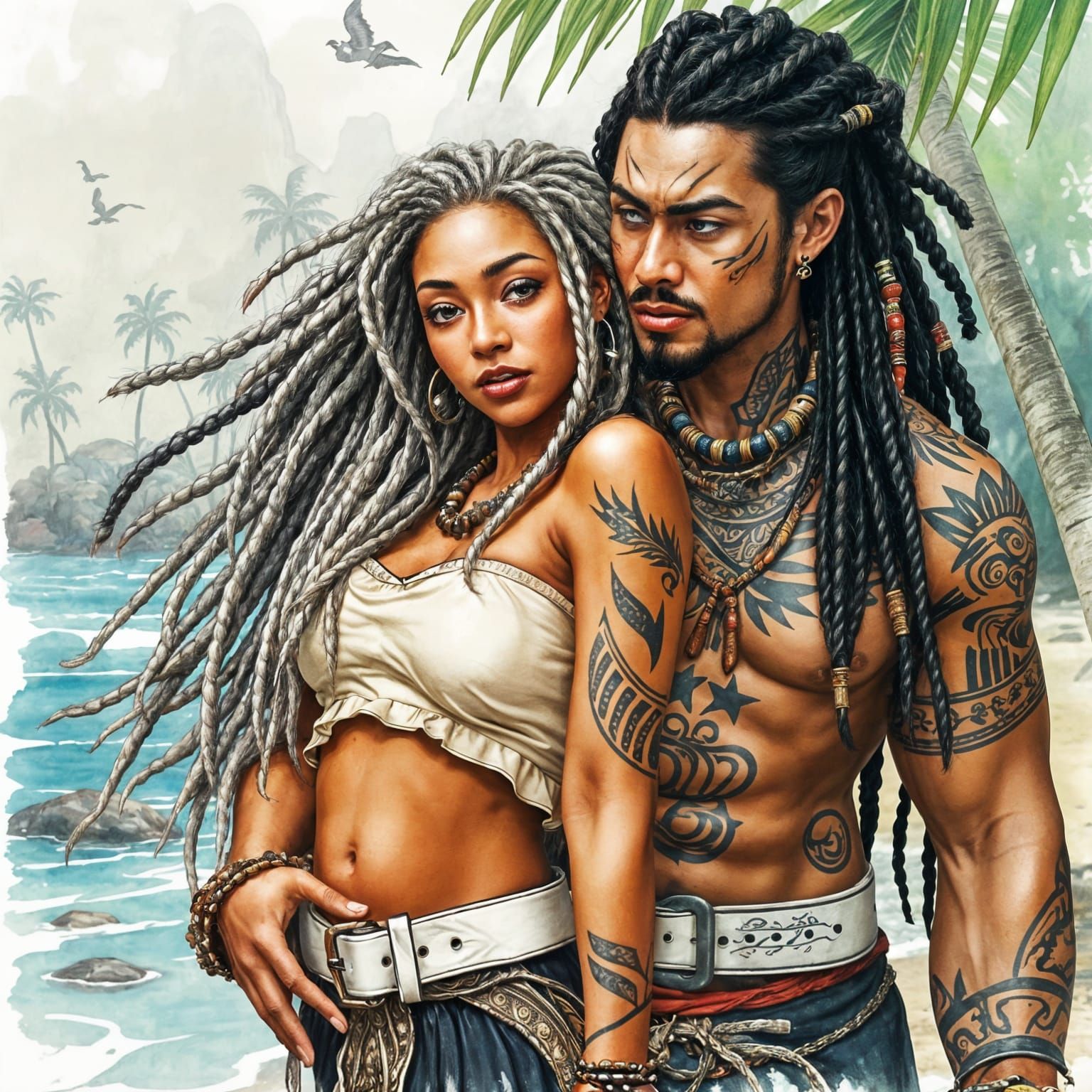 Mystical Tribal Couple in Tropical Cove Watercolor Art
