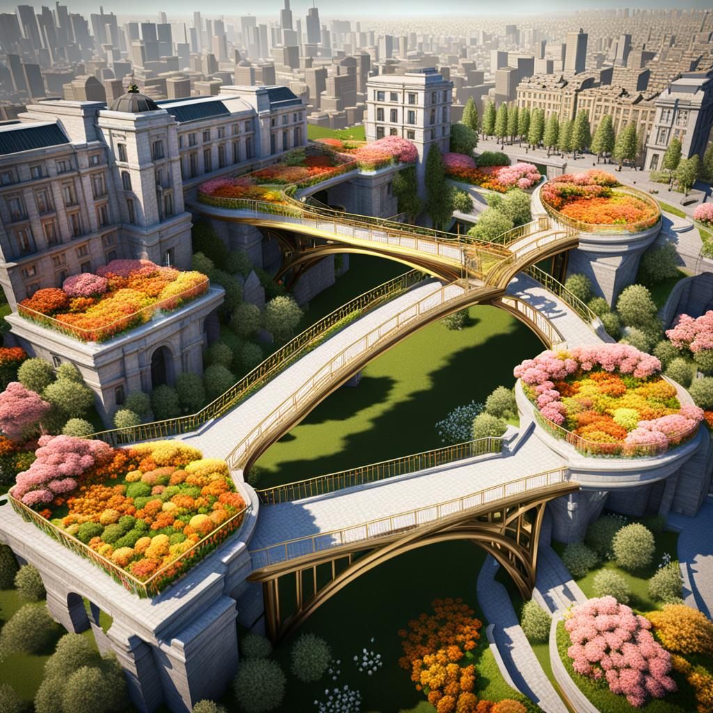 Futuristic Towers Connected by Golden Bridge in Unreal Engin...