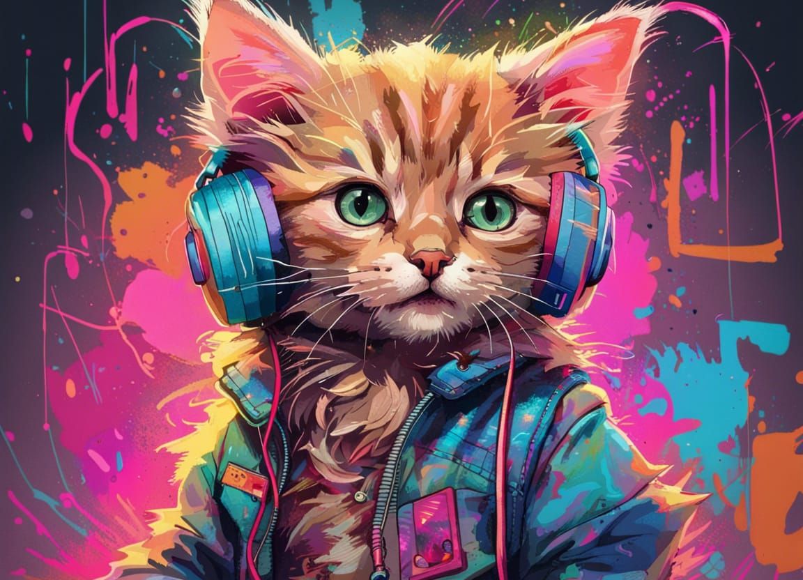 80's kitten listening to a cassette