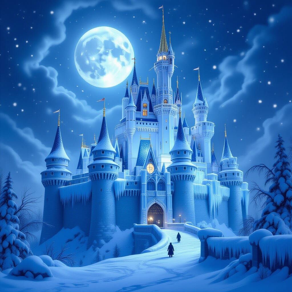 Majestic Ice Castle Under Winter Moon