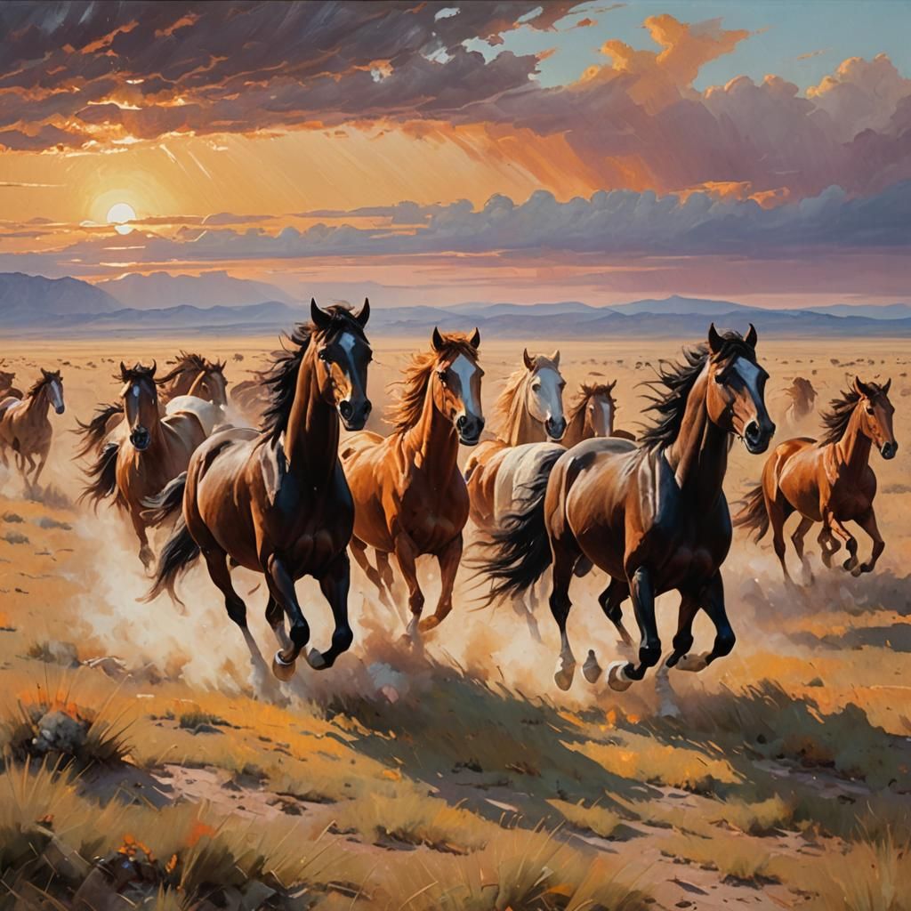 Galloping Mustangs in Sunset: Oil Painting