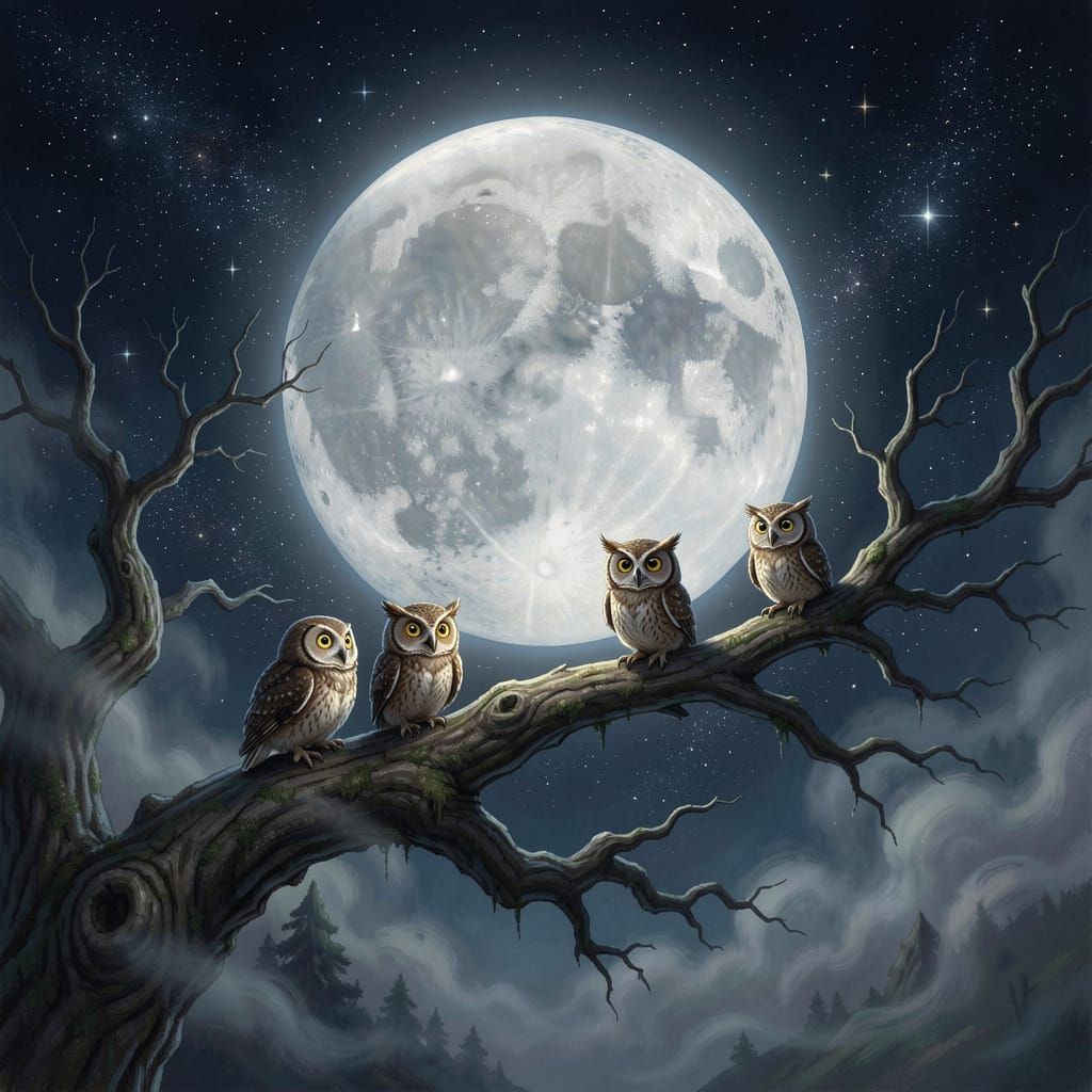 Ethereal Moon Over Gnarled Branch with Curious Owlets