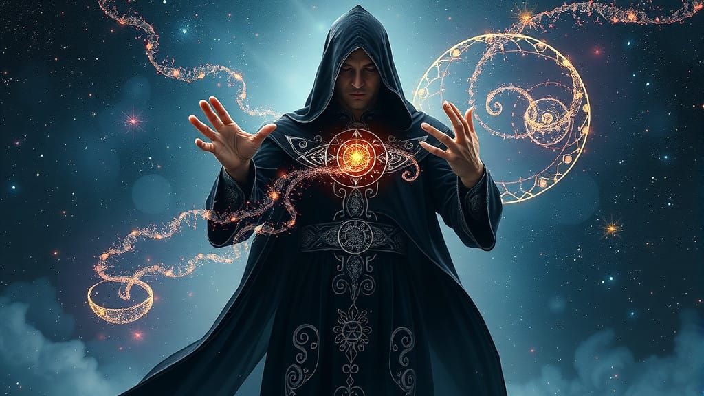 Majestic Magician Conjures Universe in Starry Expanse