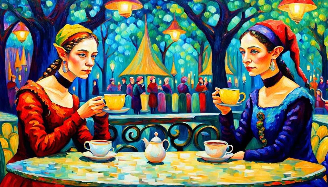 Elegant Elves in Enchanted Cafe, Neo-Expressionist Oil Paint...