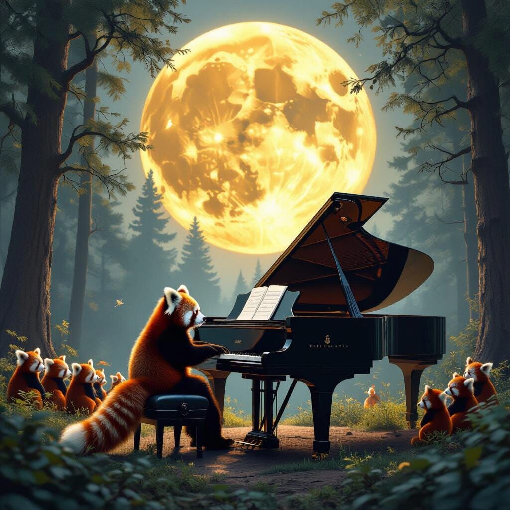 Red Panda Plays Piano Under Epic Moon