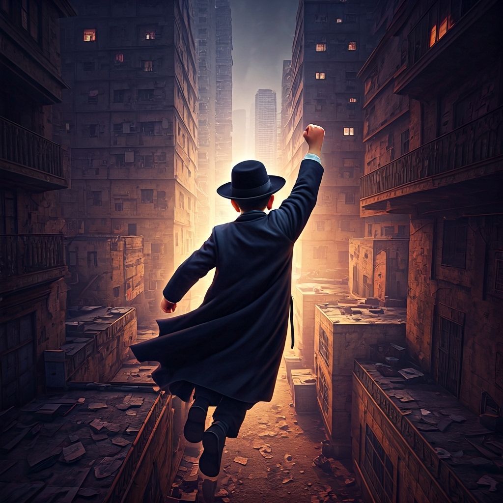 Orthodox Jewish Superhero Flies Over City in Art Nouveau Sty...