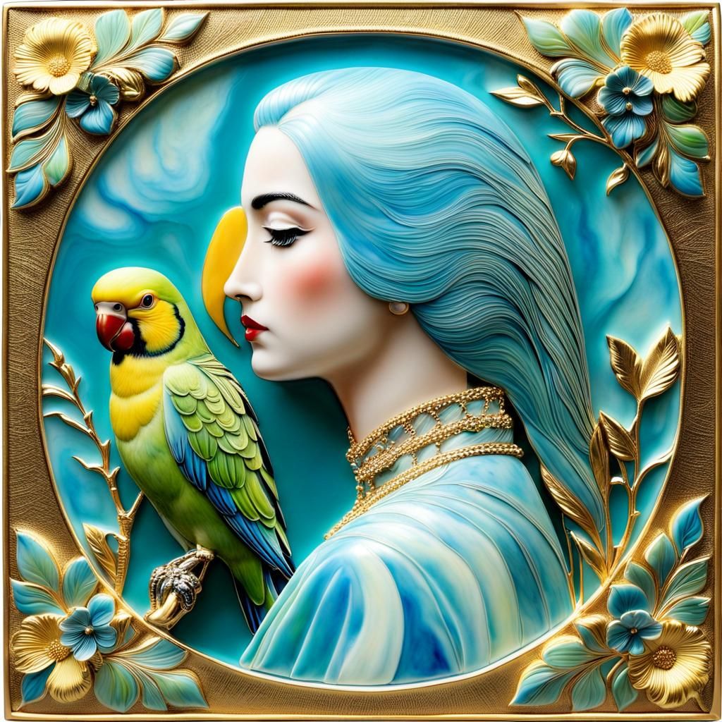 Lady with Parakeet in Encaustic Painting Style