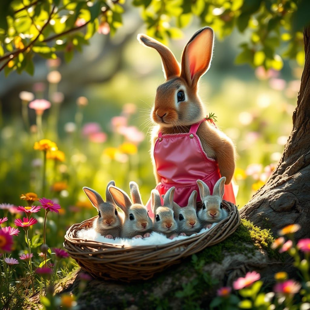 Mother Bunny in Whimsical Garden, Photorealistic Style