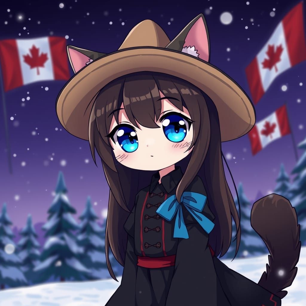 Anime Catgirl in Snowy Sombrero Scene