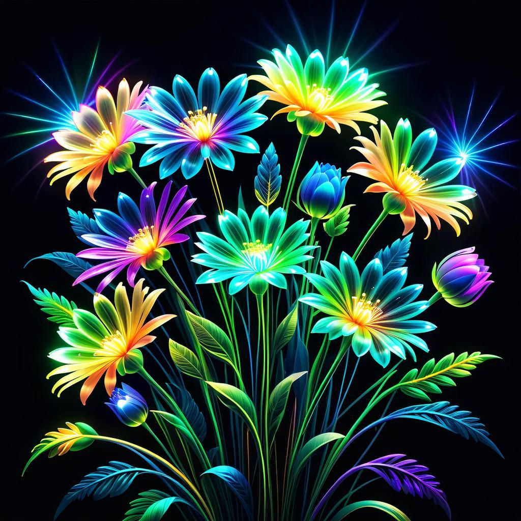 Luminous Magical Flower Bouquet with Neon Outlines