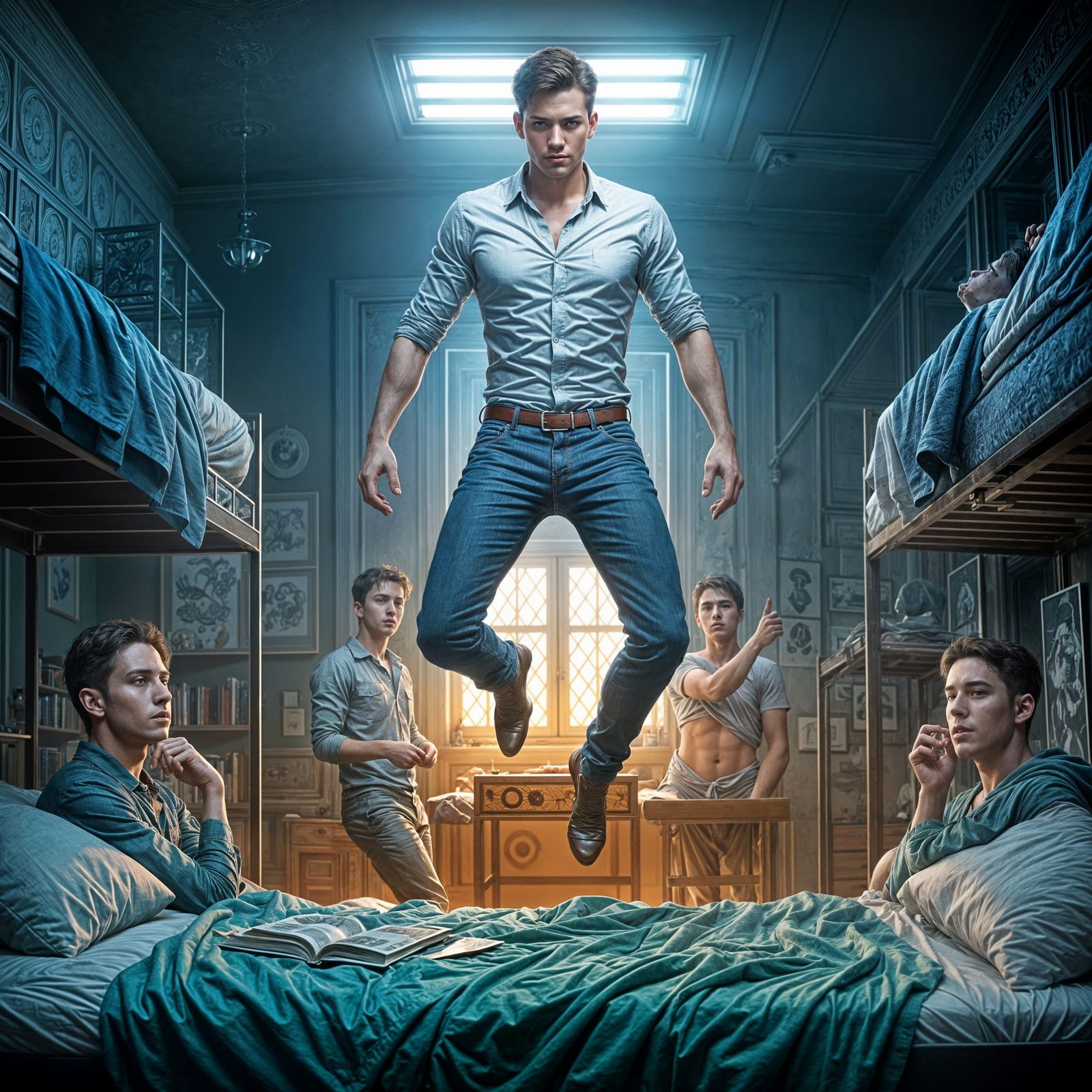 Young Man Levitation Dream, Hyperdetailed Portrait