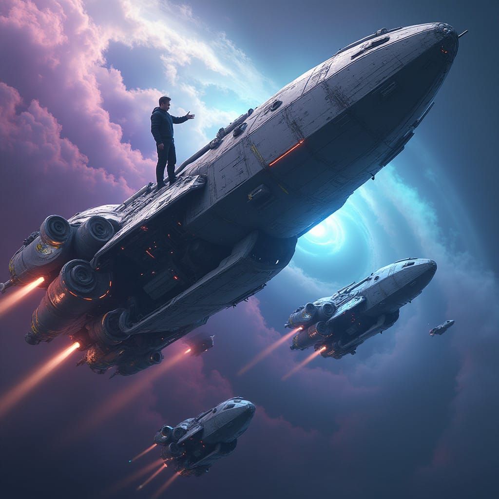 Sleek Spacesuit Hero Stands at the Helm of a Glowing Spacesh...