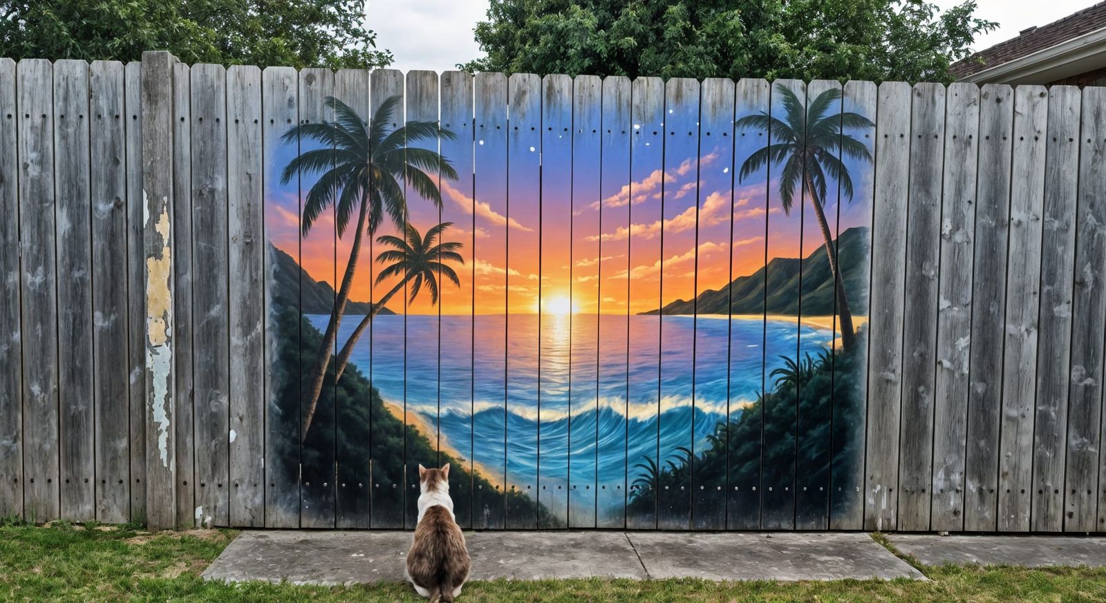 Tropical Island Sunset Mural on Weathered Fence