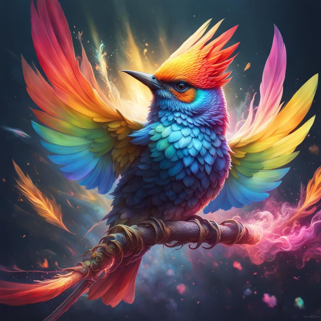 Crystal Bird with Rainbow Smoke Portrait