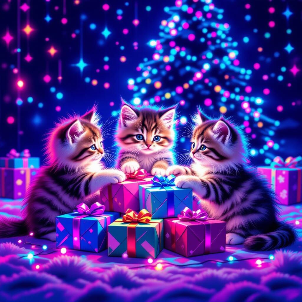 Fluffy Kittens Play With Neon Christmas Presents