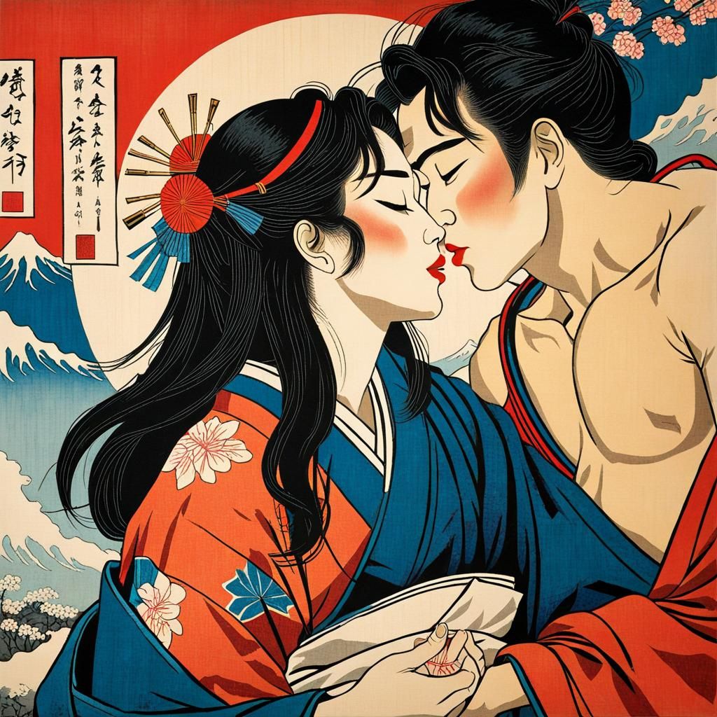 Romantic Kiss in Japanese Ukiyo-e Woodblock Print Style
