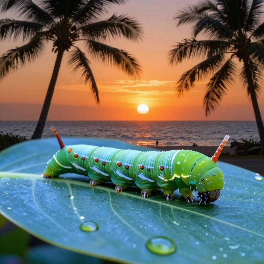 Green Caterpillar Double Exposure with Palm Trees and Ocean ...