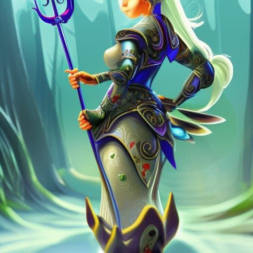 Armored Woman on Unicorn in Magical Forest: 3D Art