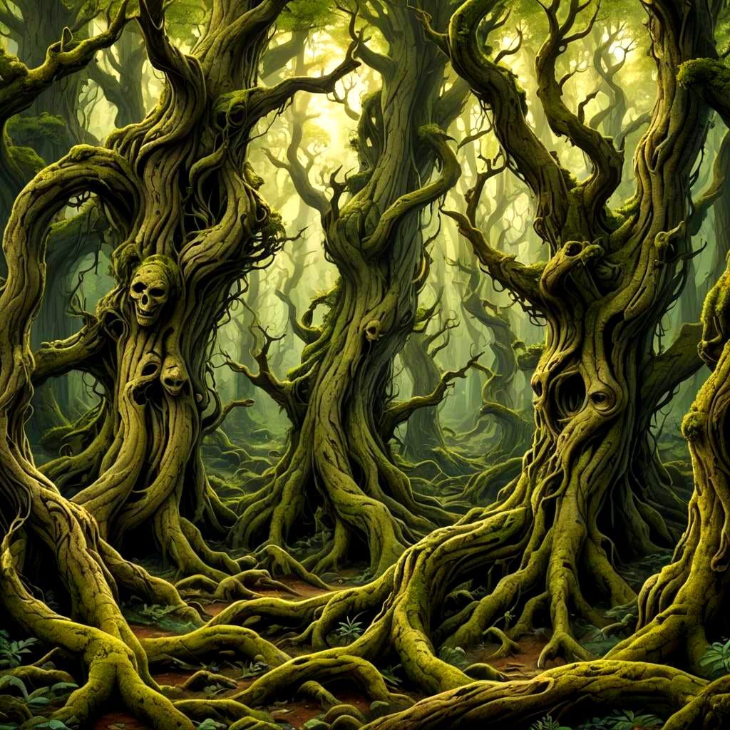 Mystical Ancient Green Forest with Twisted Trees