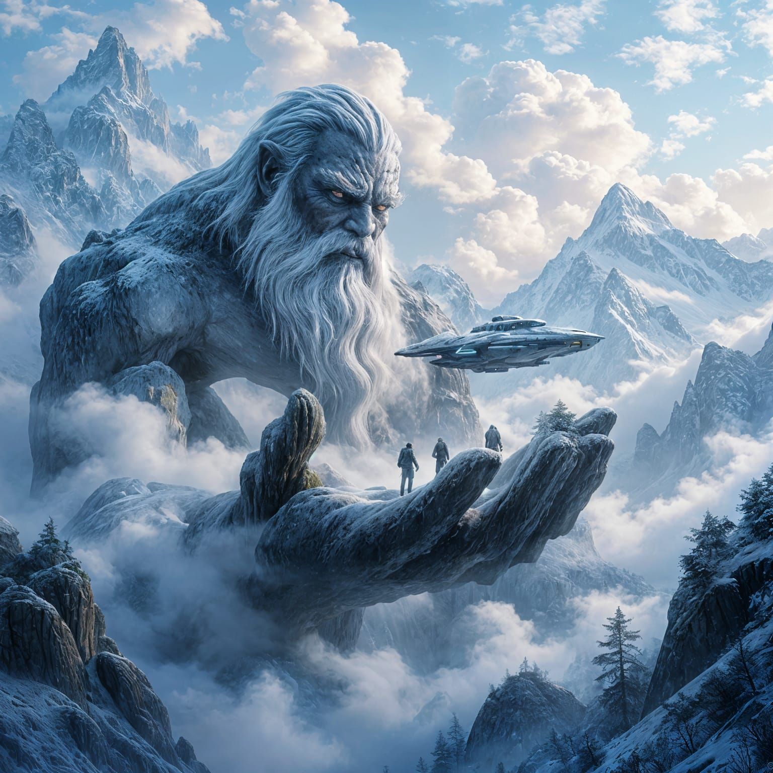 Frozen Stone Giant in Misty Valley Fantasy