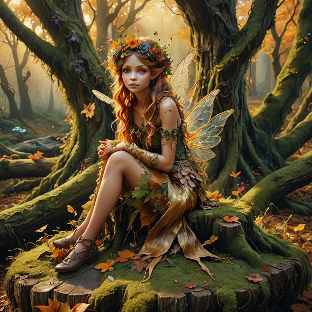 Enchanted Autumn Fairy in Forest: Digital Matte Painting
