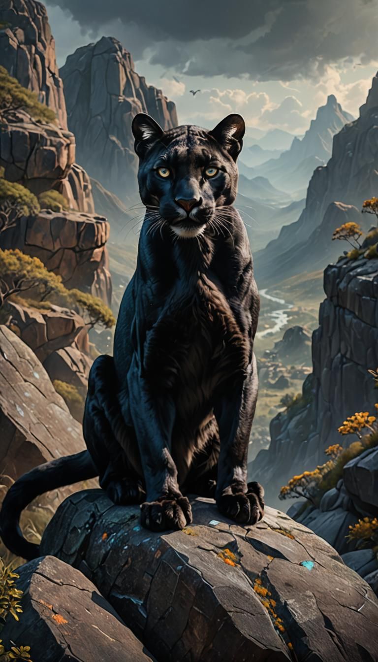Black Puma Portrait on Rock, Detailed Matte Painting