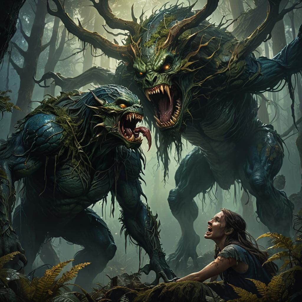 Fantasy Creature Consuming Male in Misty Forest
