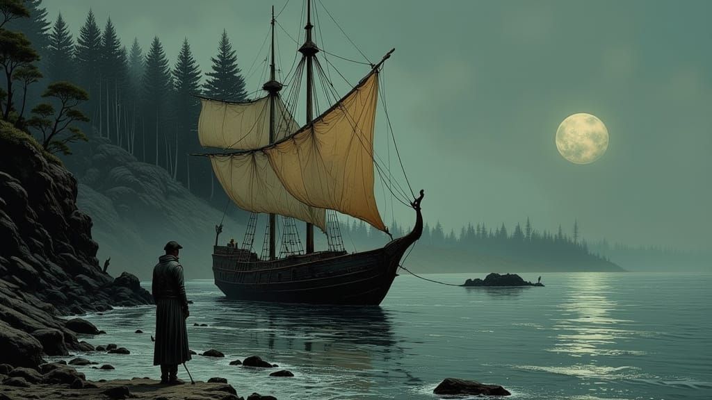 Ancient Greek Sailor on a Worn Sailing Vessel at Dawn