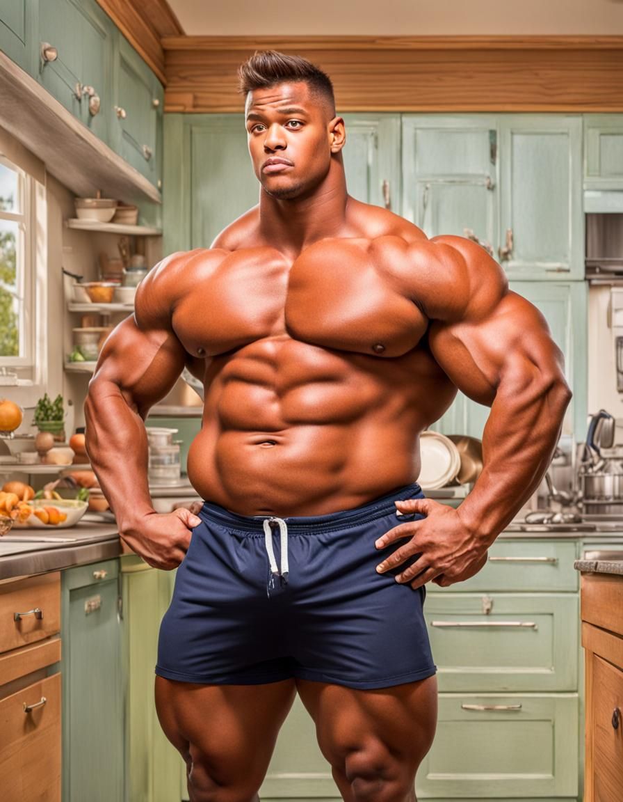 Bodybuilder with Distended Belly in Sunny Kitchen