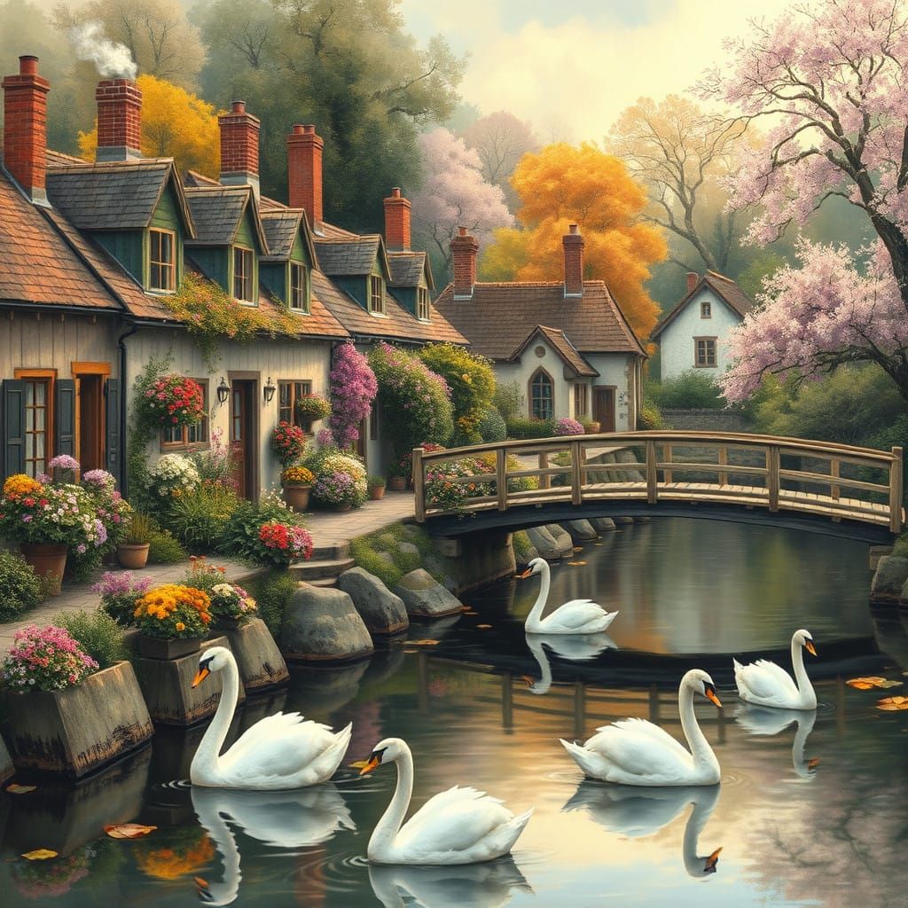 Idyllic Village Scene in Dreamy Watercolor Style