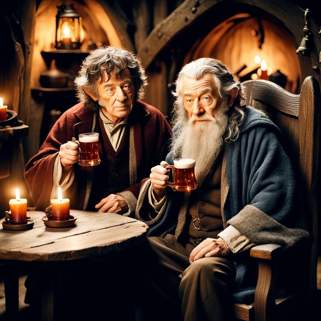 Hobbits and Wizards: A Candlelit Gathering in Oil Paint