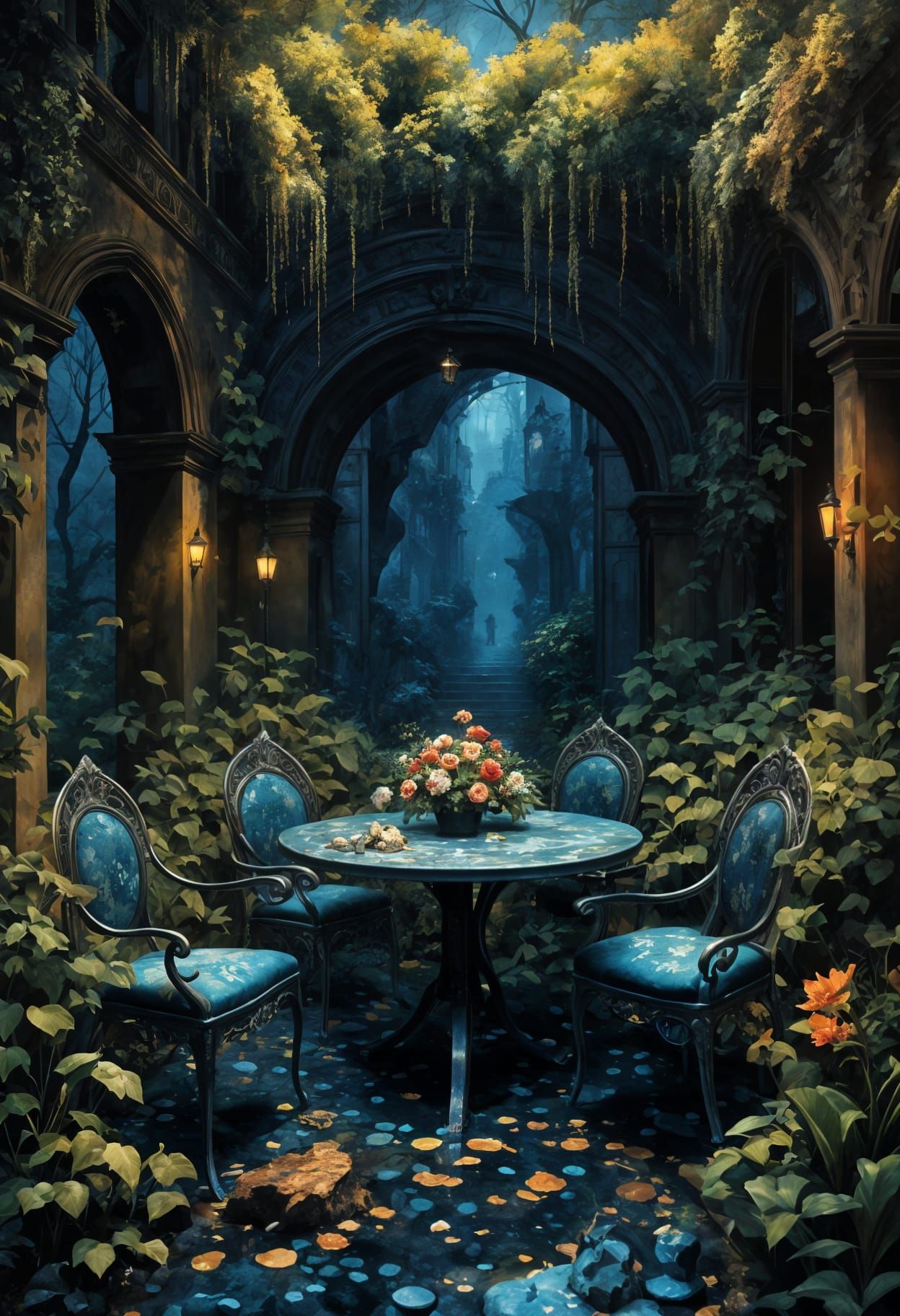 Glittering Midnight Garden Scene in Maximalist Style