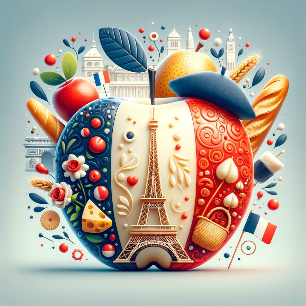 French Language as Fruit with Cultural Symbols