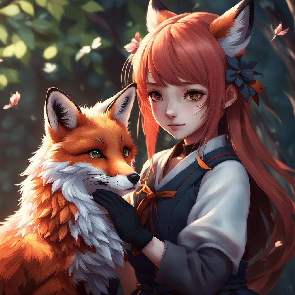 Fox Child and Little Girl in Anime Style