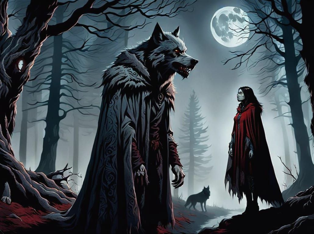 Injured Werewolf and Young Woman in Dark Forest