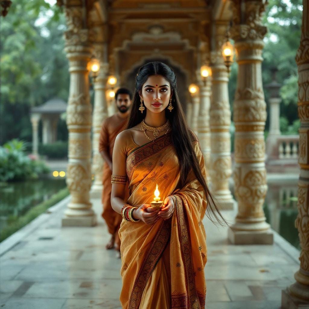 Woman in Saree Walking Through Palatial Corridor