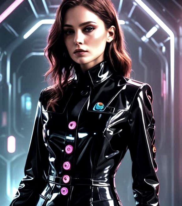 woman in a (long closed black vinyl-suit:1.4), buttoned up l...