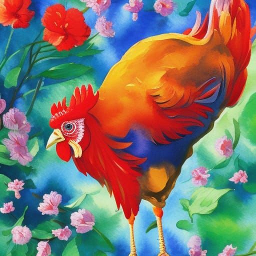 Gouache Style Rooster Watercolor Painting