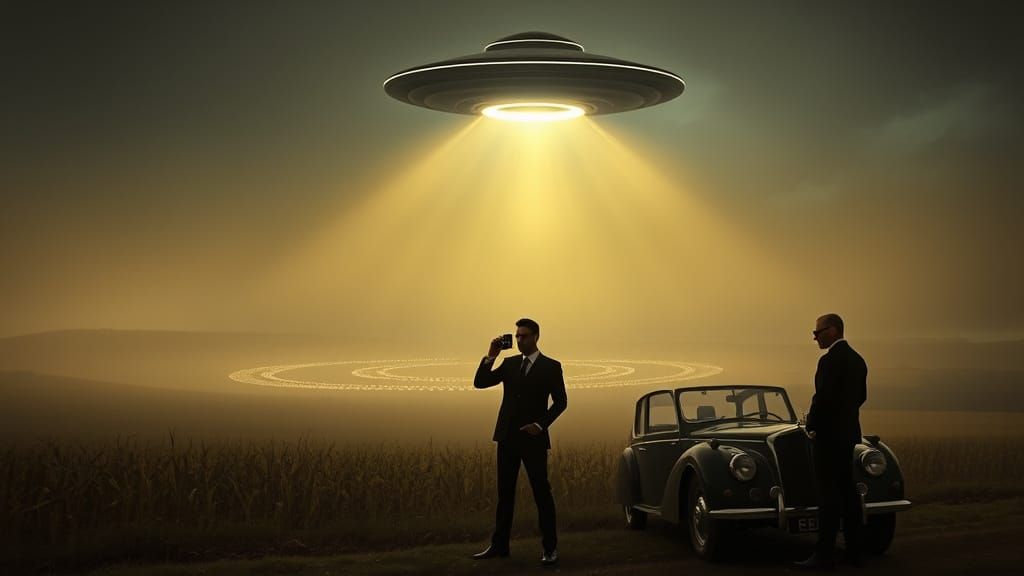 UFO Hovering Over Glowing English Countryside at Night