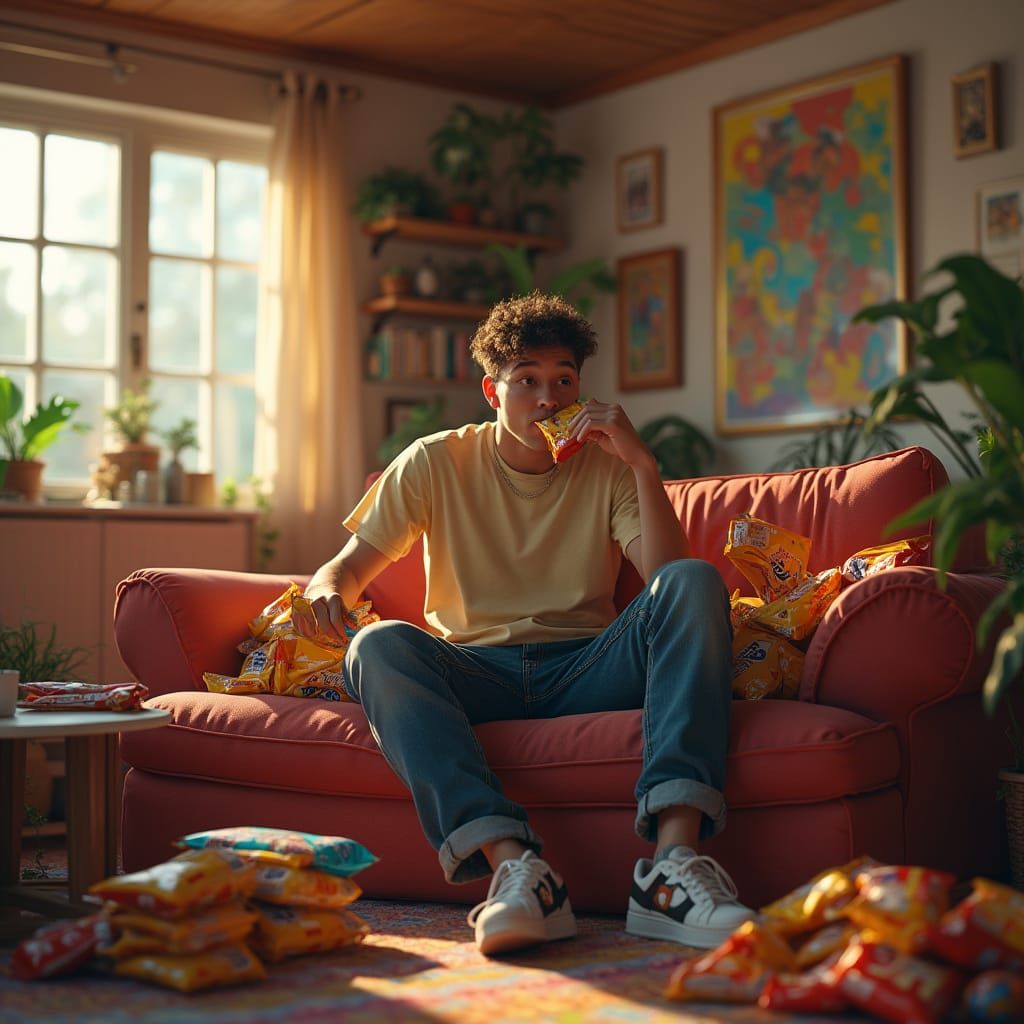 Surrealist Scene of a Young Man Enjoying Snacks in a Vibrant...