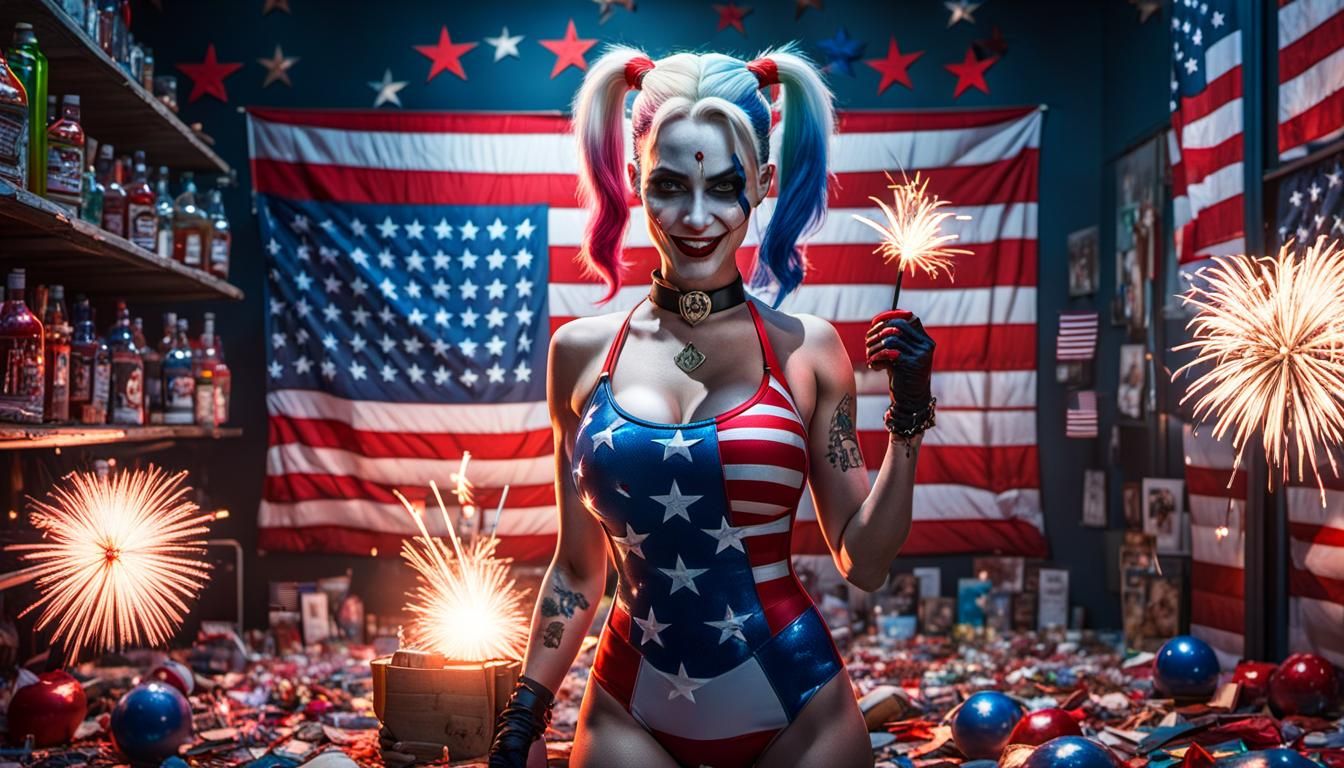 Harley Quinn in Fireworks Store: Photorealistic Digital Art