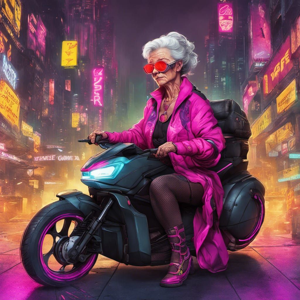 Cyberpunk Superhero Granny in Steampunk Neon Style