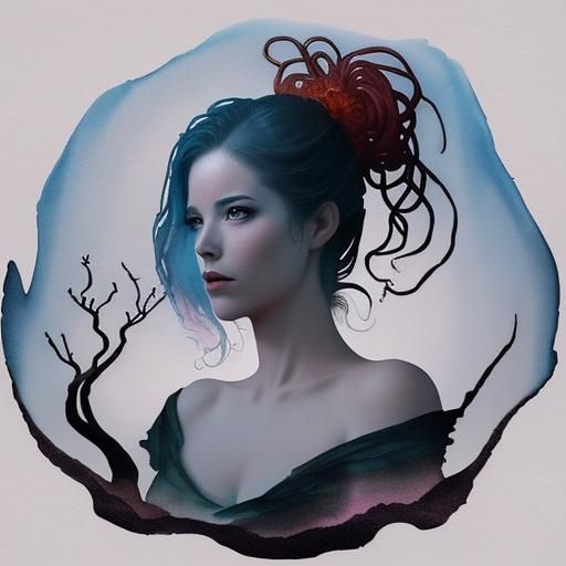 Flaming Woman Bonsai Tree Silhouette Watercolor Art