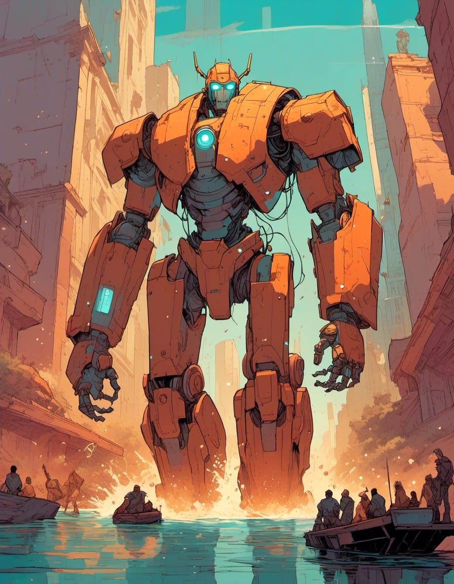 Towering Robot Colossus in Futuristic Grecian City