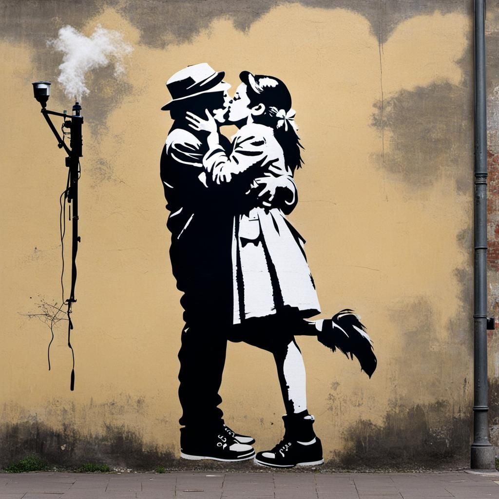 Banksy Style Kiss Stencil Art