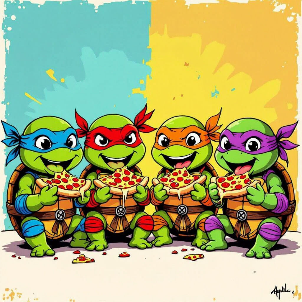 Ninja Turtle Babies Eating Pizza in Cartoon Style